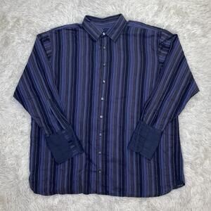 Synrgy Mens 2XL Gray, Black, and Blue Striped Button Up Long Sleeve Dress Shirt